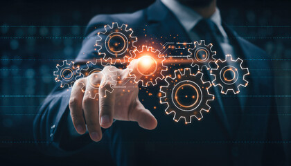 Close up view of a hand interacting with high tech gears in a digital environment during a modern business setting