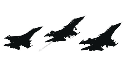 Silhouette of three fighter jets flying in formation against a white background