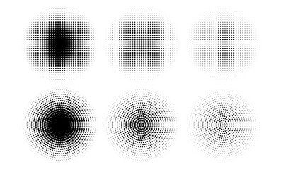 Set of halftone dots gradient pattern texture isolated on white background. Straight dotted spots using halftone circle dot raster texture. Vector blot half tone collection.
