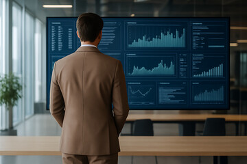 A businessman in a tailored brown suit is reviewing an advanced digital display showing a variety of data, graphs, and financial metrics in a high-tech office setting