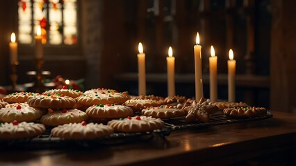 Warm candlelight flames illuminate the dark Church of the Holy Sepulchre, symbolizing religious light and celebration