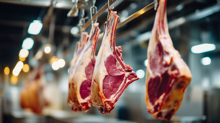 Butchery processing scene, hanging animal carcasses, meat production facility, industrial food environment, commercial processing operations, cold storage system, quality control e