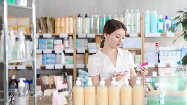 Girl in summer clothes buys paracetamol medicine at a pharmacy. High quality 4k footage