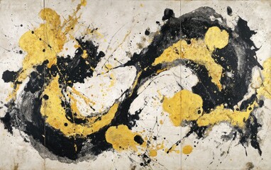 Abstract artwork featuring flowing black and gold paint splatters against a textured, off-white backdrop
