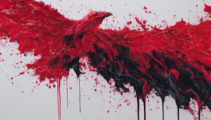 Abstract avian sculpture, bright red and black paint, with expressive wings, dripping against a white surface