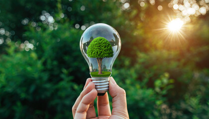 Close up of a hand holding a light bulb with a tree inside against a blurred green background during sunset