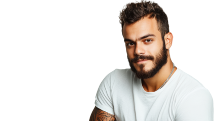 Smiling young man with beard in white shirt