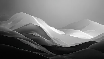 Abstract grayscale depiction of undulating forms, resembling layered peaks and valleys