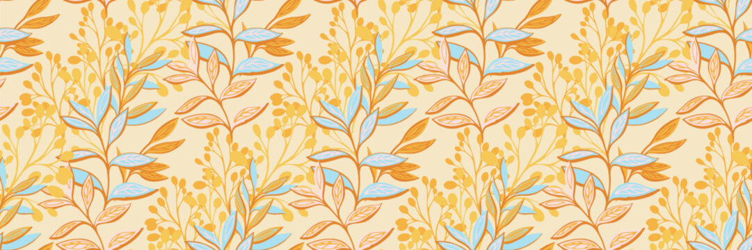 Seamless vector pattern featuring intertwined botanical branches with delicate leaves in warm gold, soft pink, and cool blue tones, creating an elegant ornamental nature inspired design
