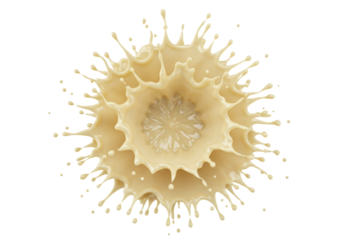 powerful, spherical burst of ultra-viscous, creamy white melted chocolate, frozen mid-explosion into sharp droplets and tendrils against a transparent studio background. concept for luxury food