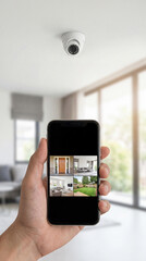 Hand holding smartphone with home security camera app showing room and outdoor views. Smart home surveillance system with ceiling dome camera monitoring living room interior for safety and protection