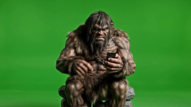 Angry Caveman Uses Smartphone Technology on Green Screen Background