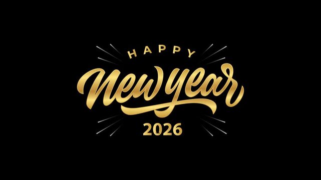 Happy New Year 2026 Golden Text Celebration on Black Background.