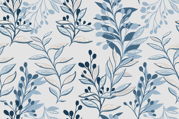 Fototapeta premium Elegant seamless vector pattern with stylized leafy branches and delicate berries in soft blue tones on a light background. Ideal for fabric, stationery, packaging, and modern decor