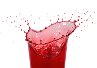 Vibrant crimson berry juice, highly viscous, frozen mid-air splash forming a dynamic wave structure with spherical droplets, extreme macro detail against a white background. concept for beverage
