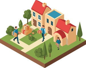 Isometric illustration of people delivering packages to houses with red roofs and green trees