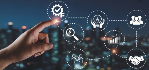 Navigating Business Processes: A finger confidently interacts with an array of icons representing different steps of a process, set against a modern cityscape at dusk.