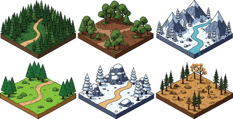 Six isometric dioramas depicting diverse natural landscapes and seasons nature forest 1
