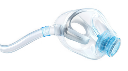 Close up view of a transparent oxygen mask with blue accents on a black isolated background