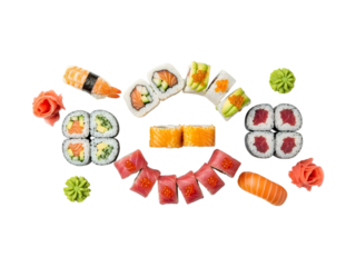 Assortment of fresh sushi rolls and nigiri isolated on transparent background