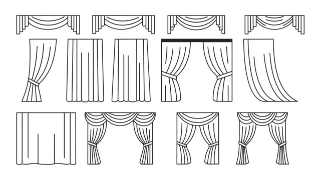 Various types of red curtains and valances for stage and home use