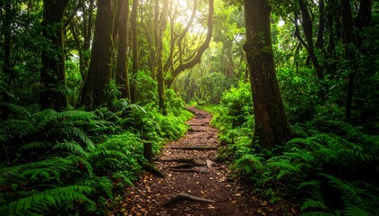 Fototapeta premium Serene forest path winding through lush greenery, sunlight filtering through trees, creating a tranquil scene