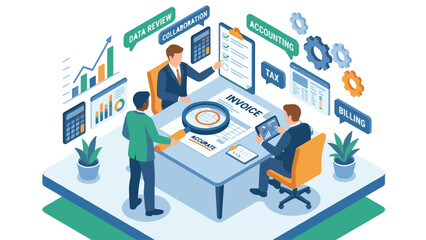 Business team analyzing financial data and invoices, demonstrating collaboration and accuracy