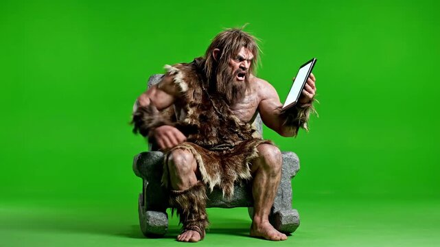 Angry Caveman Uses Digital Tablet on Green Screen