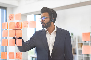 An Arab businessman wearing a headset reviews sticky notes with charts and graphs on a glass wall