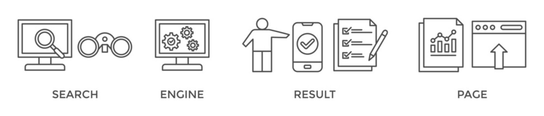 SERP banner web icon vector illustration concept for search engine result page with icon of web search, computer, search engine, mobile search, page result, and statistics graph