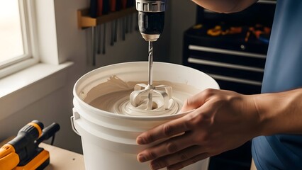 hand holding bucket while drill mixes thick paste, for construction site blogs, paint product catalogs, and diy home repair instructions with copy space
