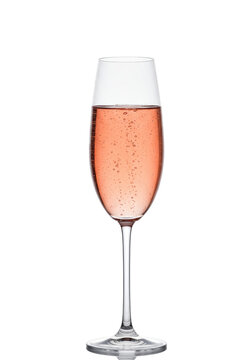 ultra-detailed, macro shot of a crystal champagne flute filled with pale ros&eacute; sparkling wine, condensation visible, tiny perlage rising, on a transparent background. high-end luxury concept