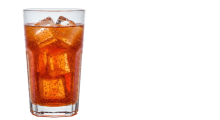 A sleek highball glass of vibrant electric orange soda, covered in photorealistic condensation and rising bubbles, resting on a white surface with copy space. Concept for beverage advertising