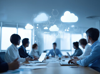 Professional team collaborating around table with cloud computing technology visualization.