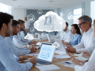 Corporate team discussing analytics with cloud computing visualization and digital tablet.