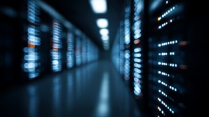 Blurred perspective of a futuristic data center, featuring glowing server lights in a deep, high-tech environment.