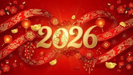 Golden 2026 chinese new year celebration with red lanterns and festive decorations