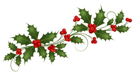 Christmas Holly Leaves Garland with Red Berries transparent