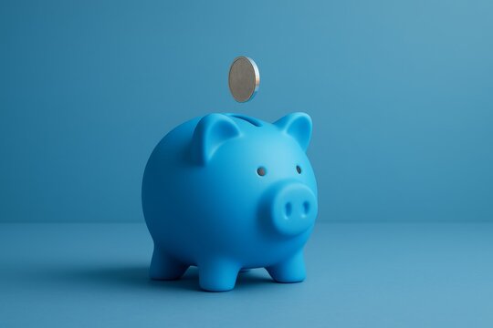 Blue piggy bank with coin on solid background symbolizing financial savings. - Powered by Adobe
