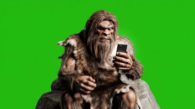 Caveman Using Smartphone Shocked Expression Green Screen