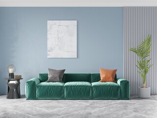 Stylish living room with an emerald velvet sofa, light blue wall, abstract painting, modern side table, and green plant on marble floor, 3D rendering.
