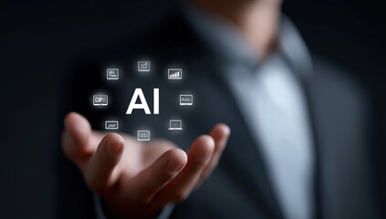 Professional presents artificial intelligence concept with interconnected digital icons hovering above hands.