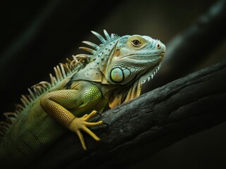 Fototapeta premium Close up portrait of a vibrant green iguana on a dark branch reptile lizard
