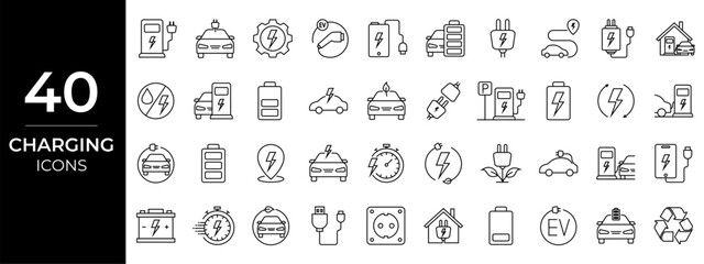 Charging station icons. EV charging line icons for energy concepts. Vector symbols for electric car, EV station and more.