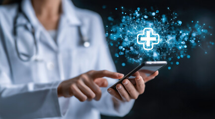Doctor uses smartphone accessing digital healthcare network with glowing connectivity visualization.