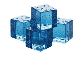 four perfectly formed sapphire-blue ice cubes, hyperdetailed extreme macro with slick condensation, showcasing micro-cracks on transparent background, concept for luxury beverage advertising