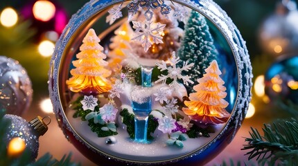 &ldquo;Close-Up of Magical Christmas Ornament Interior with Glowing Trees and Miniature Waterfalls&rdquo;