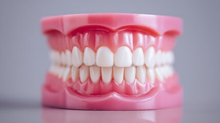 Obraz premium Artificial dental model showing clean white teeth and pink gums with dental theme in close up view.