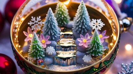 &ldquo;Close-Up of Magical Christmas Ornament Interior with Glowing Trees and Miniature Waterfalls&rdquo;