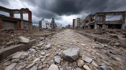 Fototapeta premium A desolate street filled with rubble and ruins. The gray clouds loom overhead, adding to the atmosphere. This image captures destruction and abandonment in urban architecture. AI